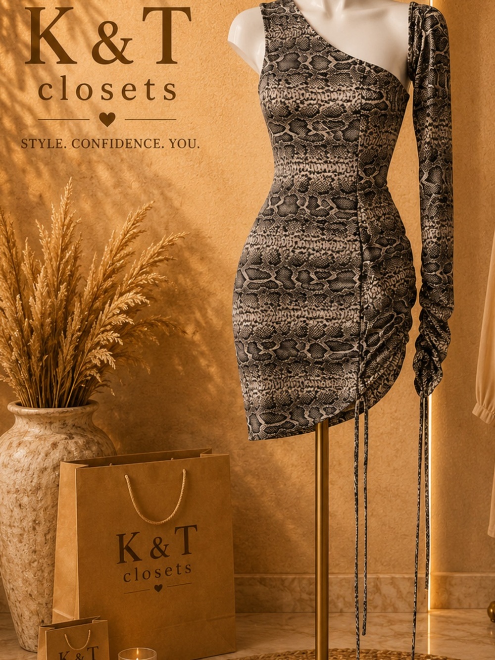 One-Shoulder Snake Print Mini Dress in Gray